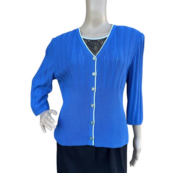 St. John Size 12 Cardigan Cobalt Blue Knited 3/4 Sleeve V-Neck Jacket CR 2003 - Picture 1 of 10